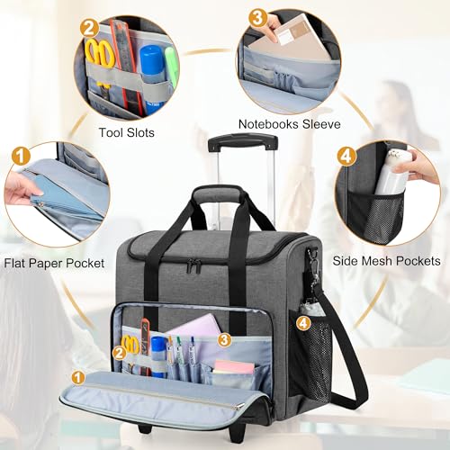 Trunab Rolling Teacher Bag, Teacher Tote Bag with Padded Sleeves | with Bottom Pad and Detachable Trolley, Wheeled Teacher Bag Holds up to 15.6” Laptop - color: Grey