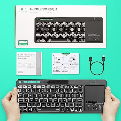 Rii (Dual Mode) RT518S Wireless and Bluetooth Multimedia Keyboard | 2-LED Color Backlit,with Multi-Touch Trackpad,Rechargable Keyboard for Android TV Box,PC,Tablets,Smart TV, HTPC, IPTV,Windows - style: dual mode Version