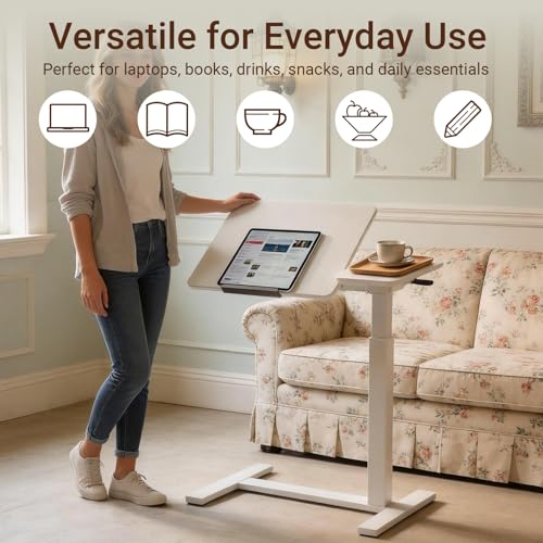 Haotian Overbed Table with Wheels, Adjustable Height Bedside Table with Tilting Desktop, Rolling Laptop Table with Side Shelf, Over Bed Table for Sofa, Bed, Home Office, White DJ-FWT002 - color: White