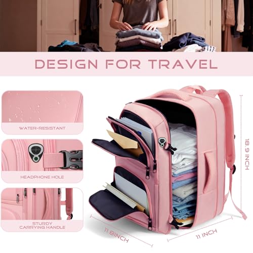 Travel Backpack for Women, 52L Carry On Backpack, Extra Large Expandable Travel Bag, 18.4 Inch TSA Flight Approved Luggage Personal Item Size with, Teacher Business Daypack, Pink - color: Pink