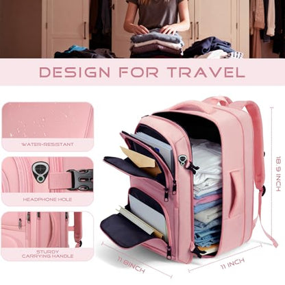 Travel Backpack for Women, 52L Carry On Backpack, Extra Large Expandable Travel Bag, 18.4 Inch TSA Flight Approved Luggage Personal Item Size with, Teacher Business Daypack, Pink - color: Pink