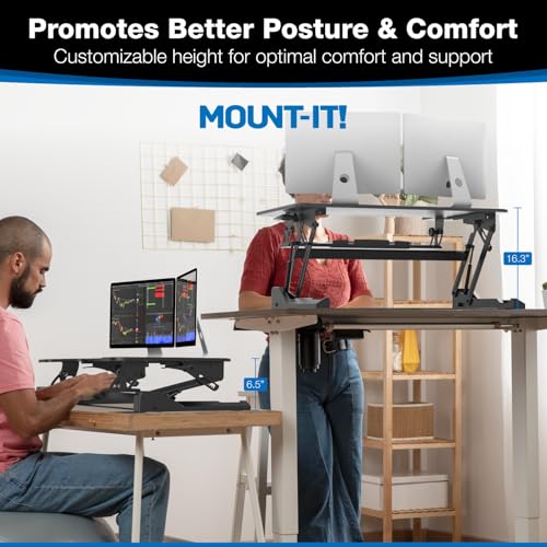 Mount-It! Standing Desk Converter - Height Adjustable Stand Up Riser with Manual Lift, 36.5" x 22" Desktop, Stand up Convertor in Black, Fits Dual Monitors, Laptop and Keyboard Mouse Tray - size: 36" Width