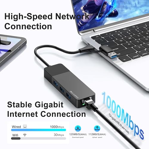 USB A/C to Ethernet Adapter, 3xUSB3.0 and 1000M RJ45 Network hub for Laptop | Plug & play 4-in-1 USB C Hub, Gigabit LAN for Mac/Chrome/XPS & USB-C phones/iPad, 3 USB-A ports for mouse/keyboard/USB fan. - size: 1FT -4 in 1 USB A/C to Ethernet Adapte