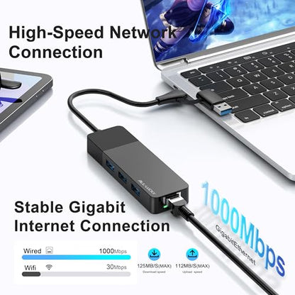 USB A/C to Ethernet Adapter, 3xUSB3.0 and 1000M RJ45 Network hub for Laptop | Plug & play 4-in-1 USB C Hub, Gigabit LAN for Mac/Chrome/XPS & USB-C phones/iPad, 3 USB-A ports for mouse/keyboard/USB fan. - size: 1FT -4 in 1 USB A/C to Ethernet Adapte