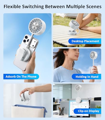 Magnetic Phone Fan with Ice Cooling, 3-in-1 Clip on Fan | Phone Stand, Rechargeable Mini Handheld Fan, 360° Flexible Gooseneck Portable Fan for Cruise Travel Desk Gym Makeup（White） - color: White
