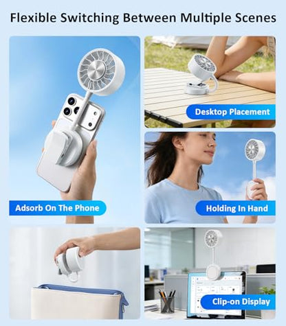 Magnetic Phone Fan with Ice Cooling, 3-in-1 Clip on Fan | Phone Stand, Rechargeable Mini Handheld Fan, 360° Flexible Gooseneck Portable Fan for Cruise Travel Desk Gym Makeup（White） - color: White