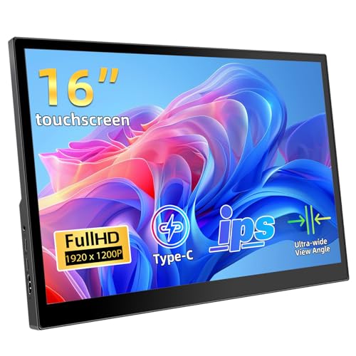 Portable Touchscreen Monitor 16 Inch 1920X1200P IPS Touch Screen Monitor with USB C HDMI Port, 350cd/m², External Monitors for Laptop PC Phones Computer PS4/5