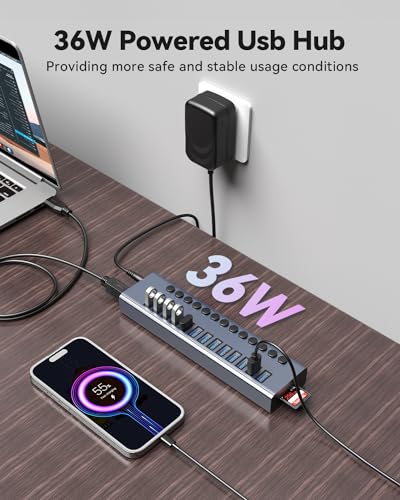 Powered USB 3.0 Hub, Wenter 13 Ports Powered USB Hub with SD/TF Card Reader, Aluminum USB Splitter with Individual On/Off Switches, 12V/3A 36W Power Adapter for PC/Laptops - size: Aluminum 13 Ports