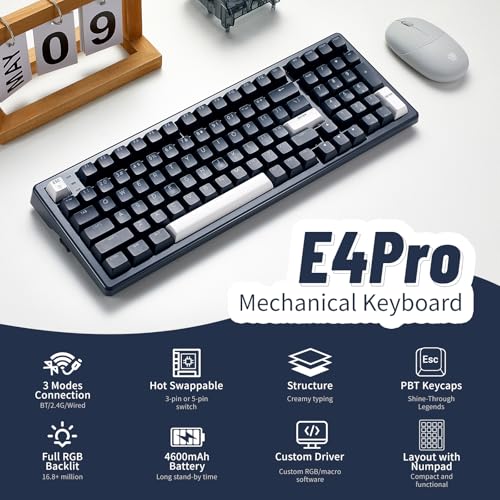 Hexgears Wireless Mechanical Keyboard with Number Pad,Wrist Rest,Gasket Structure,Tri-Mode BT5.0/USB-C/2.4GHz Hot Swappable Keyboard,Creamy Sound,RGB Backlit,Computer Gaming Keyboards(Clicky Switch) - color: Dark Blue-99keys, size: Clicky