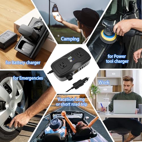 7 in 1 200W Car Power Inverter 12V DC to 110V AC with Car Charger Adapter, Dual USB 2 AC 4 USB PD 20W&QC 3.0 Outlet and Lighter Plug - Car Accessories for Trip and Camping - color: Black