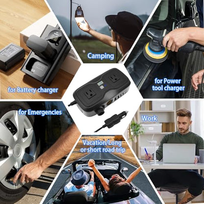 7 in 1 200W Car Power Inverter 12V DC to 110V AC with Car Charger Adapter, Dual USB 2 AC 4 USB PD 20W&QC 3.0 Outlet and Lighter Plug - Car Accessories for Trip and Camping - color: Black