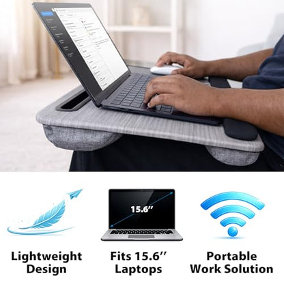 Cyberguys Comfort Lap Desk for Laptop up to 15.6 in – Black with Charcoal Grey Wood Overlay with Mouse Pad, Phone & Tablet Slot, Dual Cushion Base, Wrist Rest & Carry Handle for Bed Desk Couch Sofa - color: Black With Charcoal Grey Wood Overlay