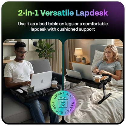 Lap Desk with Legs & Cushions: 2-in-1 Foldable Bed Desk for Adults - One-Touch Height Adjustment, Bed Table Tray Hold: up to 15.6“ Laptop, Mouse Cup Phone - Laptop Stand Desks for Bed (Black) - color: Black