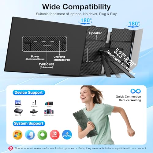 Laptop Screen Extender, Ultra-Thin 15.6" FHD 1200P 16:10 Portable Monitor for Laptop, Lightweight Travel Monitor Extender Plug & Play for 14.2"-17.3" Laptops, Compatible with Wins/Mac/Android/Chrome - size: 15.3"-T