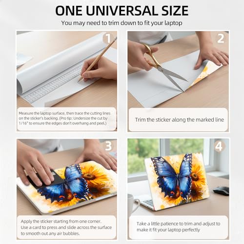 Blue Butterfly on Sunflowers Universal Laptop Skin Sticker 3PCS,Protective Decal Trim-to-Fit 11.6" 13.3" 14" 15.6" Laptop Vinyl Cover,Removable Anti-Scratch Computer Decal Protector - color: Blue Butterfly on Sunflowers