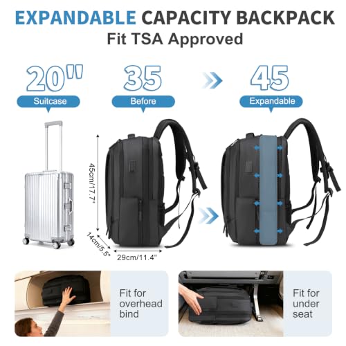 38L Travel Backpack 17" Laptop Backpack W/USB-C Port, Expandable Carry-On Bag, TSA Approved for Business College, Black - color: Black