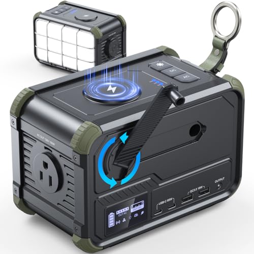 BROWEY Portable Power Station 153Wh Small Solar Generator with Hand Crank 120V 150W AC Outlet Lithium Battery Power Bank, Wireless Charging Emergency Charger for Outdoor Camping Travel Home Backup - color: Green