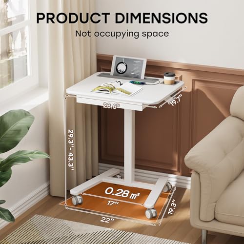Small Mobile Standing Desk with Drawer, 23.6" x 19.7" Top | Height Adjustable Rolling Teacher Desk with Cup Holder and Hooks, Portable Workstation on Wheels for Classroom & Study, White - color: White, size: 24"