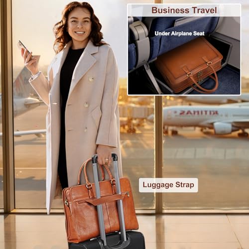 Banuce Italian Full Grain Leather Briefcase for Women Fits 15.6" Laptop | Eco-friendly Leather,Paded Laptop Compartment,Travel-friendly Luggage Strap,Detachable Strap,Office Work,Business Travel - color: Yellow Brown