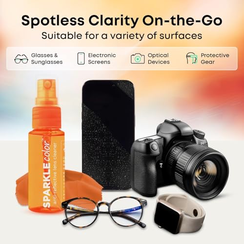 Sparkle Anti-Reflective Safe Lens Cleaner Spray Kit - (4) 1oz Glasses Cleaner Spray, (4) Microfiber Cleaning Cloth & (1) Travel Pouch for Eyeglasses, Lenses & Camera Cleaning Kit - 9 Piece Set