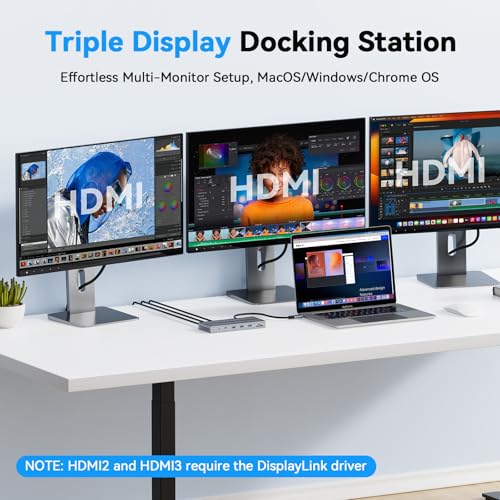 Displaylink Docking Station 3 Monitors with 120W Power Adapter, 14-in-1 Laptop Dock for MacBook M1/M2/M3/M4/Windows, 3XHDMI, 5 USB Ports, Ethernet, Audio, SD/microSD