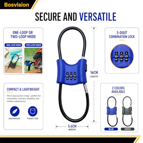 Bosvision 3-Digit Combination Lock with Braided Steel Cable – Secure Helmet, Backpack, Ski Gear, Luggage, Stroller – Dual Loop, Travel-Friendly Padlock - color: Blue