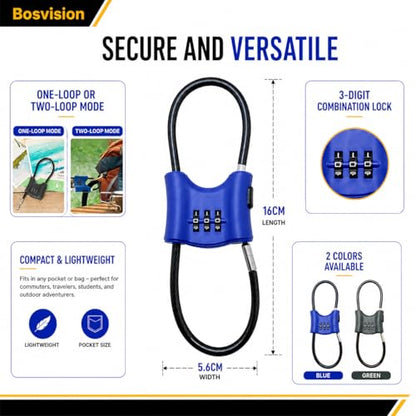 Bosvision 3-Digit Combination Lock with Braided Steel Cable – Secure Helmet, Backpack, Ski Gear, Luggage, Stroller – Dual Loop, Travel-Friendly Padlock - color: Blue
