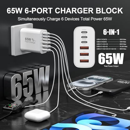 USB C Wall Charger Block, 65W GaN 6-Port Fast Charging PD +QC Block | PD USB C Adapter+QC Plug Compatible with iPhone iPhone 17/17 Plus/17 Pro Max/16/16 Plus/16 Pro Max/15 Pro Max/iPad Pro/14/13
