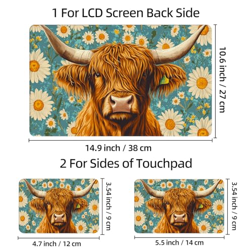 Universal Laptop Skin Sticker Decal, 12"-15.6" Aesthetic Vinyl Wrap, Highland Cow Daisies Teal Waterproof Notebook Cover Art Protector for MacBook HP Dell Lenovo, Fits 13" 14" 15" 15.6" - color: Highland Cow Daisies Teal
