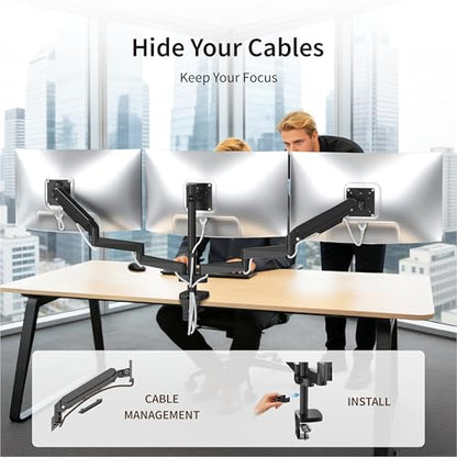 Ergounion Triple Monitor Mount for 13-32" Screens, with Long Monitor Arm | Wide 3-section arm, 19.8 lbs/arm, aluminum, full motion tilt/swivel/rotate, VESA 75/100 quick-release install, cable channels