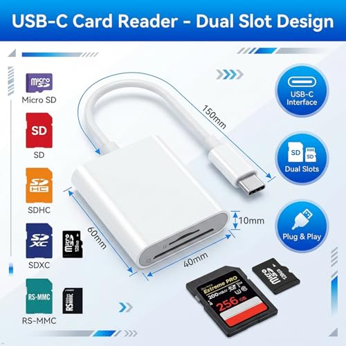 USB-C SD Card Reader, Dual-Slot for SD and MicroSD Cards, Type C Memory Card Adapter, Plug and Play, Compatible with iPhone 15/16/17, iPad, Laptop