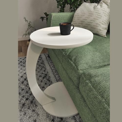 C Shaped End Table for Couch Small Places, Space Saver Round Side Table for Sofa and Bedside with Wheel, Coffee and Eating Snack Time Tray for Living Room, Office (White) - color: White