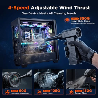 Compressed Air Duster, 350g High-Thrust Air Blower for PC Cleaning | Deep Cleaning,Rechargeable,4-Speed Adjustable,LED Light,110K RPM,Hurricane-Force,for Computer Keyboard, House, Outdoor, Car