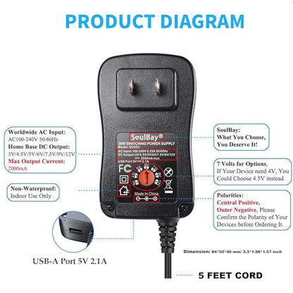 SoulBay 12V Power Supply Universal AC DC Adapter Charger with Adjustable Output 5V 9V 3V 6V 4.5V 7.5V 12 Volt 1A 1.5A 2A for LED Strip Light CCTV Camera BT Speaker GPS Webcam Router, 5 FT Cord, 30W