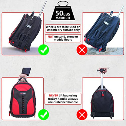 MELOTOUGH Wheeled Rolling Tool Backpack Heavy Duty Red | Heavy-Duty 600D, Red Polyester, Padded Laptop Sleeve, 37 Pockets for Tools, Smooth Rolling Wheels, Telescoping Handle - color: Red
