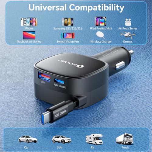 Retractable Fast Car Charger, 84W Max USB C Car Phone Charger Fast Charging, Cigarette Lighter Adapter with Built-in Retractable 31.5 inch Cable for iPhone15/16/17, Samsung, Android