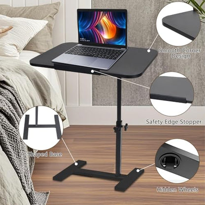 Adjustable Overbed Table, Overbed Bedside Table with Hidden Casters, 360° Swivel C Shaped Side Table, Mobile Laptop Computer Standing Desk for Home and Hospital Use (Black) - color: Black