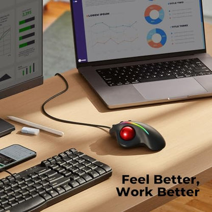Wired Trackball Mouse with RGB Lighting, Ergonomic Thumb Control to Reduce Muscle Strain, 5 Adjustable DPI, Dual USB-C & USB-A Connectivity, Compatible with PC, Laptop, Mac, Windows-Red - color: D-Red