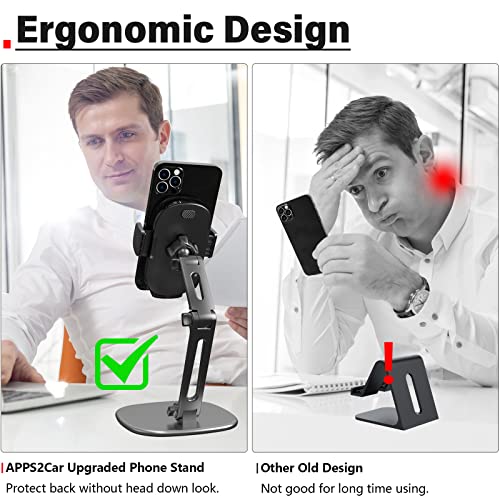 APPS2Car Phone Stand for Desk, Adjustable Cell Phone Holder for Office | Triple-Clamp Phone Holder, Height-Adjustable Folding Arm, 360° Rotation, Anti-Slip Base, Fits Cases up to 20mm