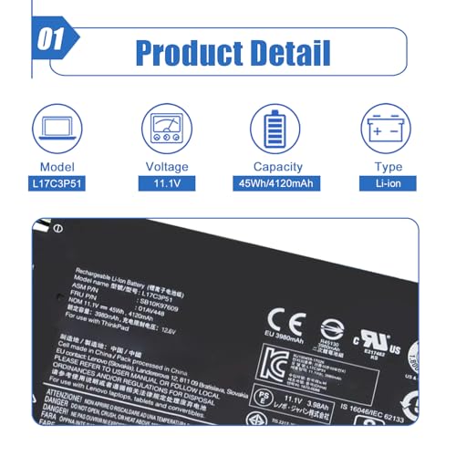 01AV448 L17C3P51 SB10K97609 Battery Compatible with Lenovo ThinkPad E480 E495 E580 E485 E585 E490 E590 E595 E14 E15 Series 01AV445 01AV446 01AV447 L17L3P51 L17M3P52 SB10K97608 L17M3P51 - size: 7.22*4.23*0.25 inch 01AV448