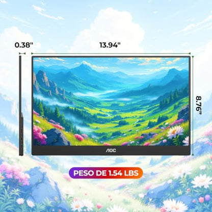 AOC 16" Portable Monitor FHD 60Hz USB-C IPS Ultra Slim Smart Cover 16T20 | 1920×1080 Computer Monitor, USB-C, Mini HDMI, Built-in Speakers, Smart Cover, Ultra Slim, VESA Mount, Low Blue Light - size: 15.6 inch Smart Cover