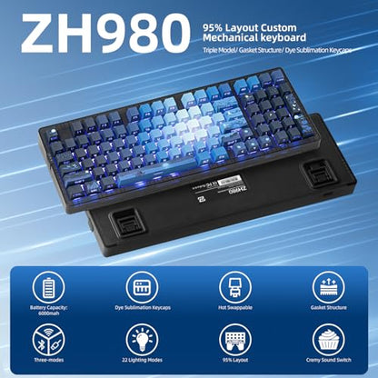 ZORNHER ZH980 Mechanical Keyboard,95% Blue Creamy Keyboard with Number Pad,Hot-Swappable Custom Gaming Keyboard,Shine Through Dye Sublimation PBT Keycaps,Creamy Sounding Linear Switches - color: Sea Moonlight, size: Creamy Switch