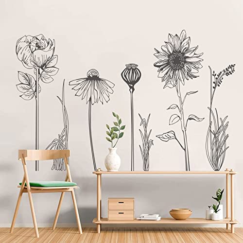 Black Simple Flower Plant Wall Decals, 2 Sheets Large Boho Floral Modern Wall Stickers Peel Stick Sketch Wildflower Wallpaper Art Decor for Bedroom Living Room Office Gifts for Mom(11.8x35.4 in/Sheet) - style: Black Simple Flower Set