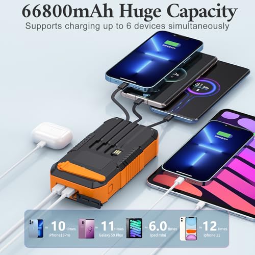 Hand CrankPower Bank 66800mAh and 4 Cables 22.5W Fast Charge Power Bank 5 Outputs & 3 Inputs Solar Portable Charger (Orange) - color: orange
