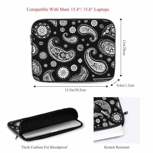 Laptop Sleeve Bag 15.4 15.6 Inch,Paisley Pattern Black White Floral Ethnic Asian Art Protective Polyester Computer Cases Laptop Cover Briefcase Bag Tablet Travel Cover - color: LPS-027