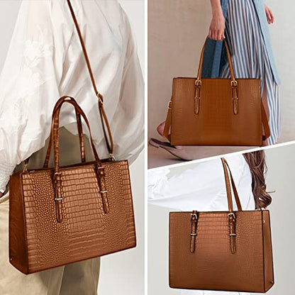 Laptop Bag for Women 15.6 Inch Crocodile Leather Tote Bag Water-resistant Work Briefcase Business Computer Shoulder Bag for Travel Teacher Nurse Professional Handbag - color: Brown