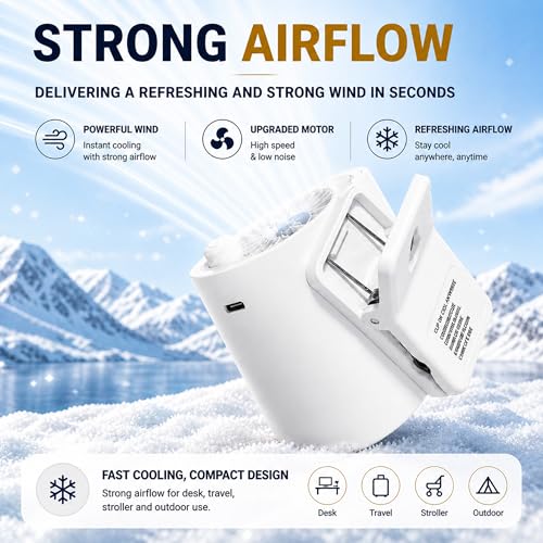 100-Speed Portable Clip on Fan, Mini Rechargeable Personal Waist Fan | Strong airflow, LED display and clamp-on design for baby strollers, car seats, office desks, golf carts and summer travel - color: White