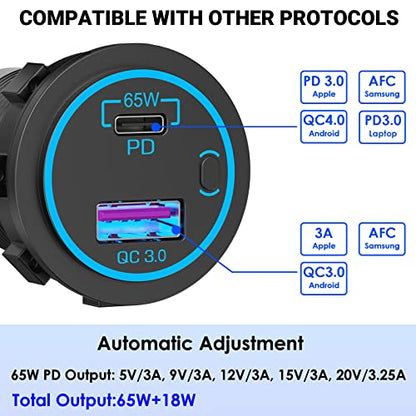 83W 12V USB Outlet Laptop Charger: 2 Pack 65W USB-C PD3.0 and 18W QC3.0 Multi Car Port 12V Socket Waterproof with Power Switch for Car Boat Marine Bus Truck Golf Cart RV Moto, etc.
