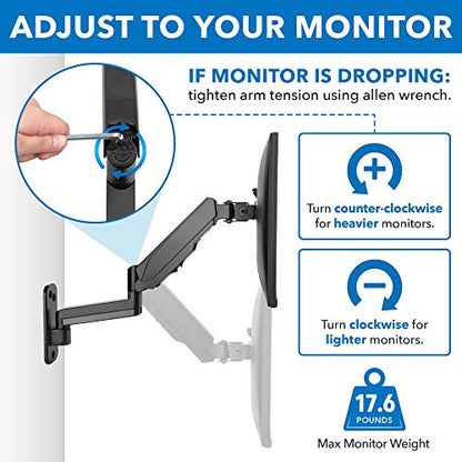 Mount-It Monitor Wall Mount, Gas Spring Arm, Full Motion, 17-32 Inch | Computer Monitor Arm with Cable Management, 11 in Height Range, Tilt Swivel, VESA 75x75 100x100, 17.6 Lbs, Alloy Steel, Black