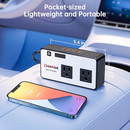 DrimMek 272W Car Power Inverter, Car Plug Adapter Outlet 12V to 110V Converter with 3 * 24W USB Fast Charging Port, Dual AC Outlet for Laptop, Vehicles, Camping (LED Display) - color: White